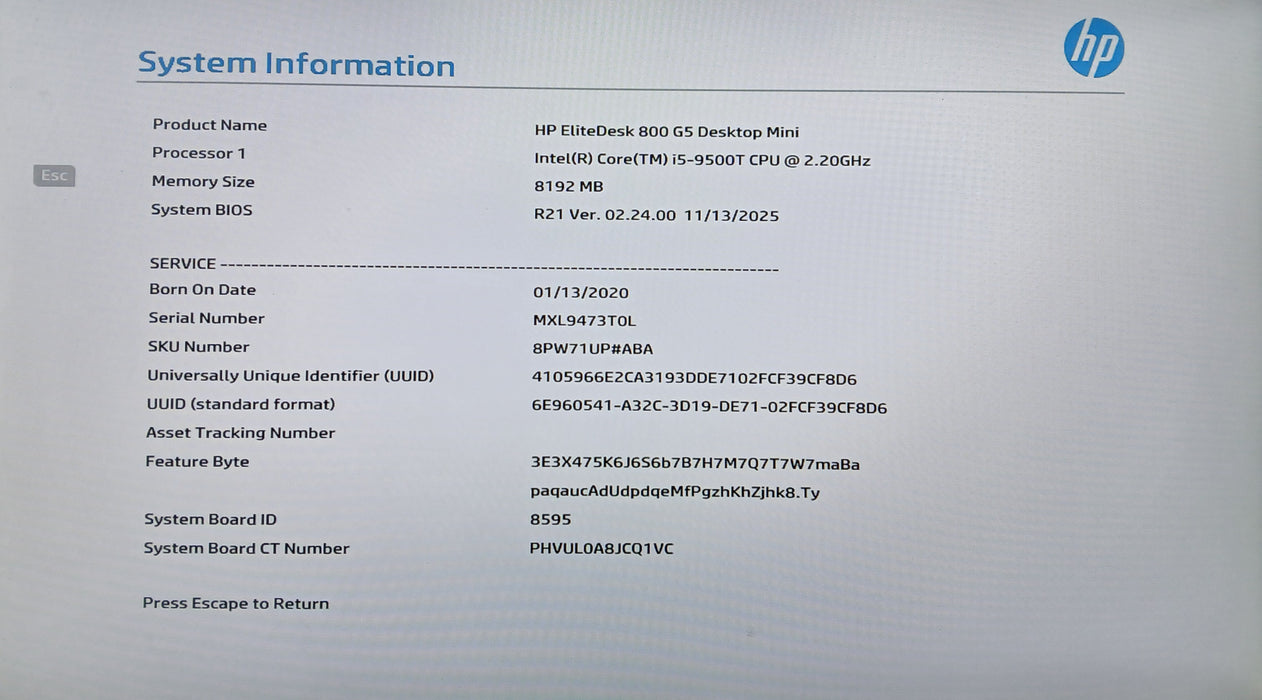HP EliteDesk 800 G5 USFF w/ Intel i5-9500T 8GB RAM No HDD/SSD/NVME