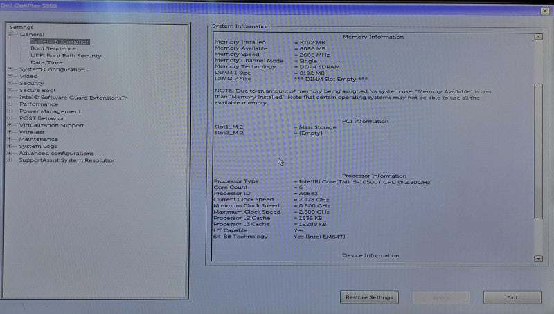 Dell OptiPlex 3080 Micro | i5-10500T @ 2.30GHz 6C, 8GB DDR4, 256GB NVMe