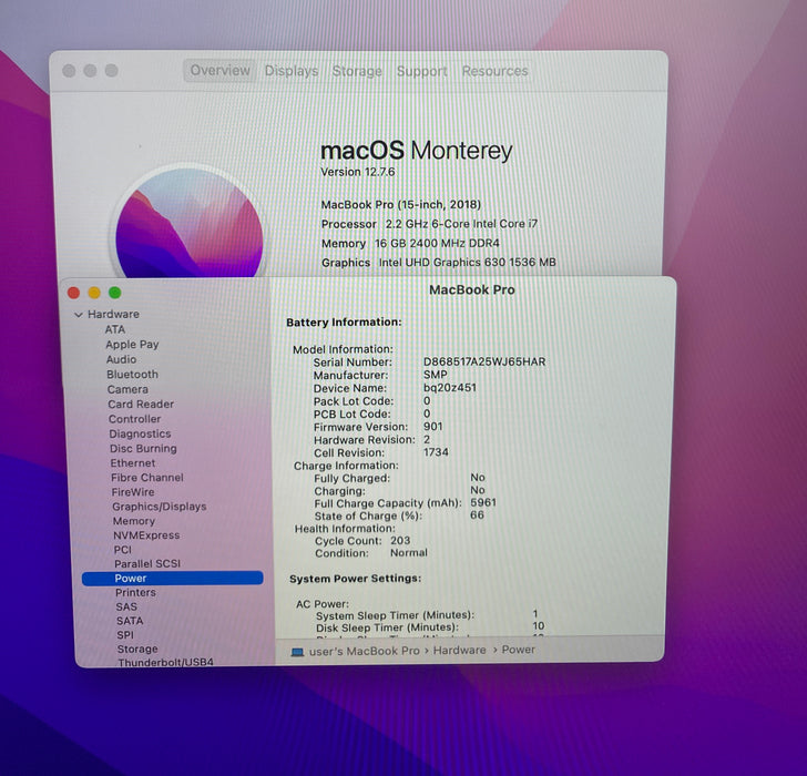 Apple MacBook Pro  15" 2018 i7-8750H Radeon Pro 555X GPU 16GB RAM 256GB SSD READ