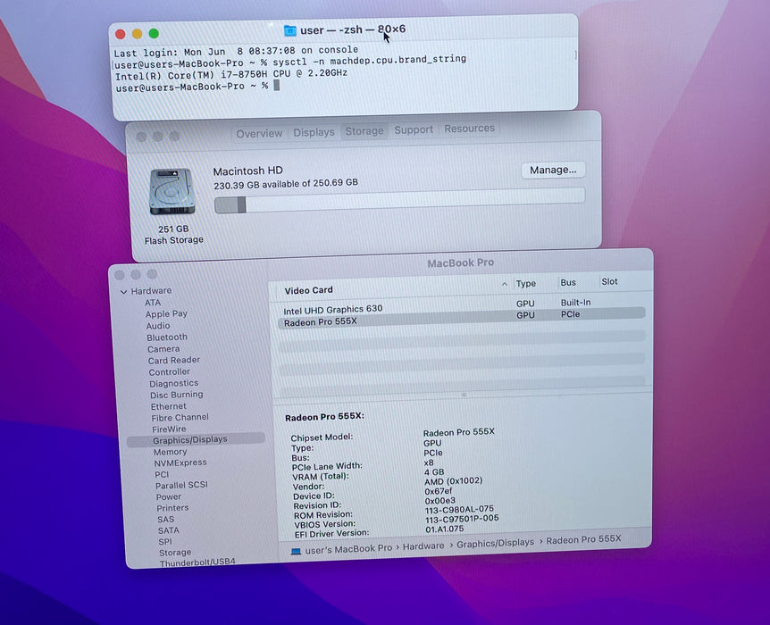 Apple MacBook Pro  15" 2018 i7-8750H Radeon Pro 555X GPU 16GB RAM 256GB SSD READ