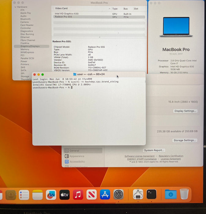 Apple MacBook Pro 15 2017 i7-7700HQ Radeon Pro 555 2GB GPU 16GB RAM 256SSD READ!