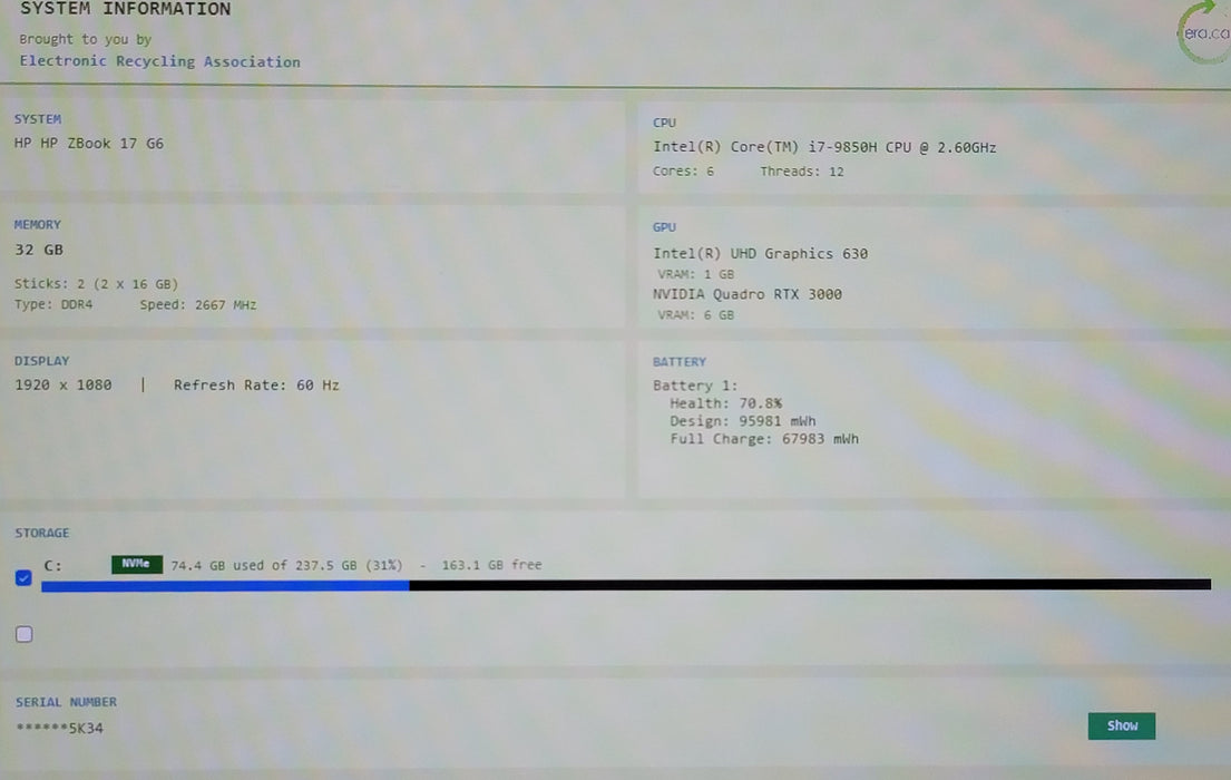 HP ZBook 17 G6 i7-9750H 32GB DDR4 6GB Quadro RTX 3000 256GB NVMe