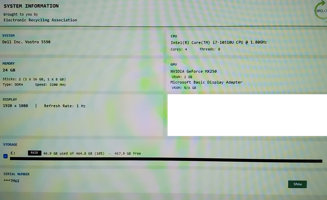 Dell Vostro 5590 15.6" i7-10510U 1.8GHz 16GB RAM 500GB SSD GeForce MX250  READ