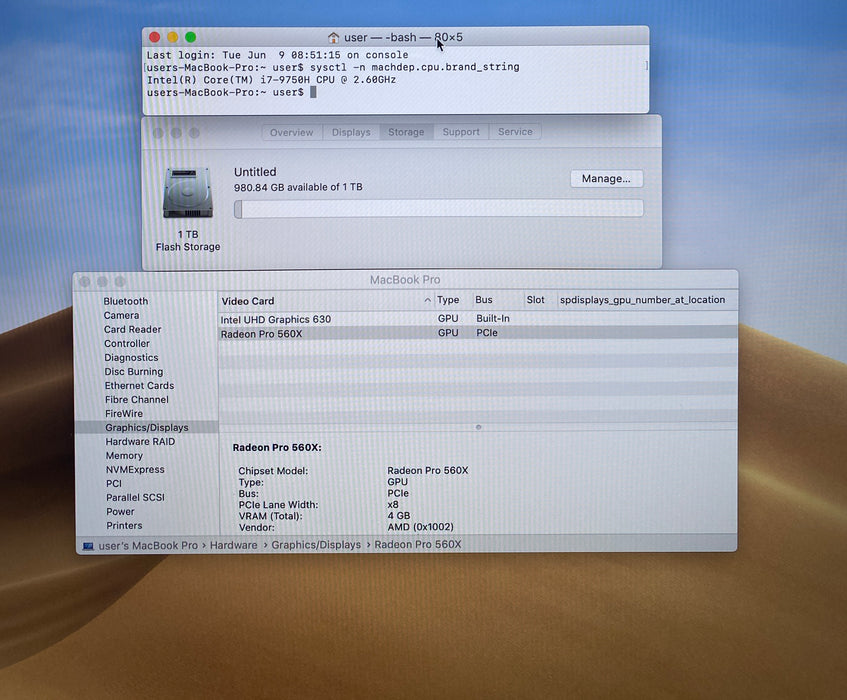 Apple MacBook Pro 15" 2019 i7-9750H Radeon Pro 560X GPU 32GB RAM 1TB SSD READ