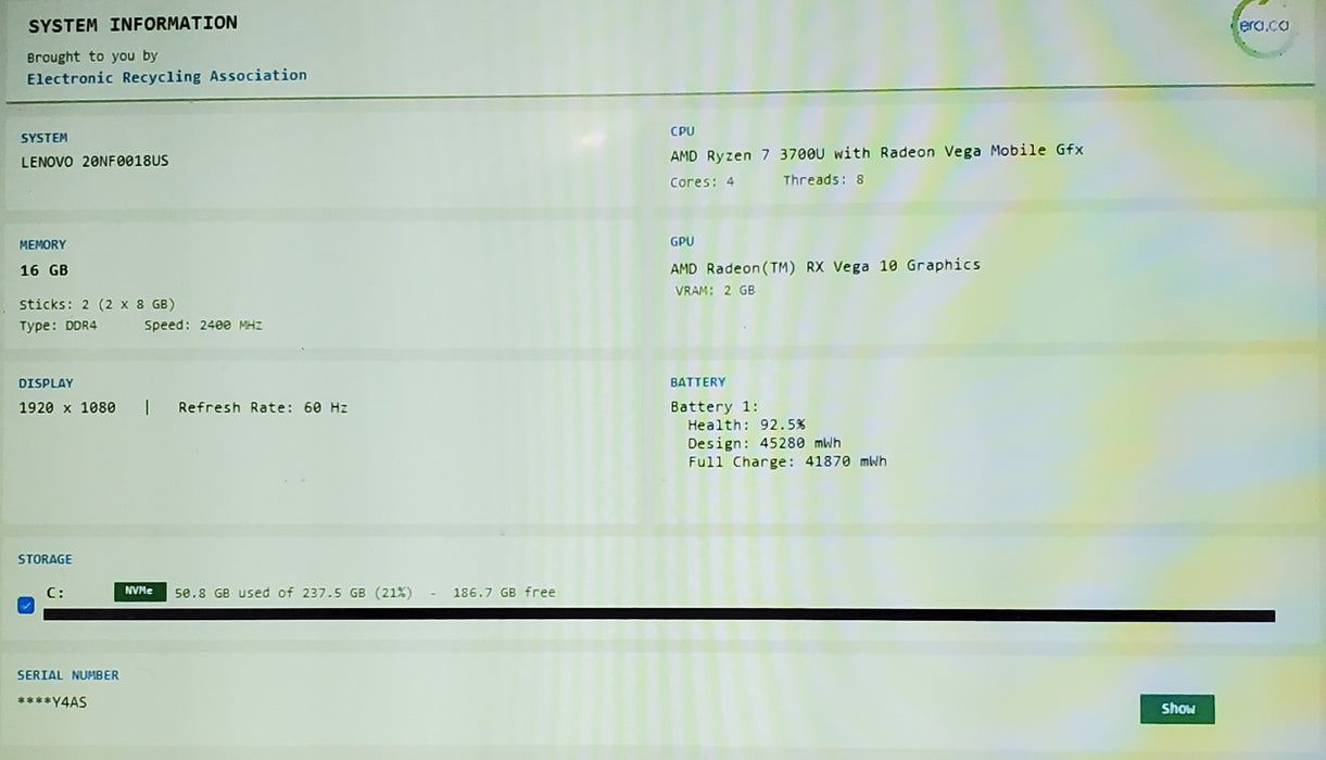 Lenovo ThinkPad E595 AMD Ryzen 7 3700U 15.6" 256GB 16GB Lap200 READ