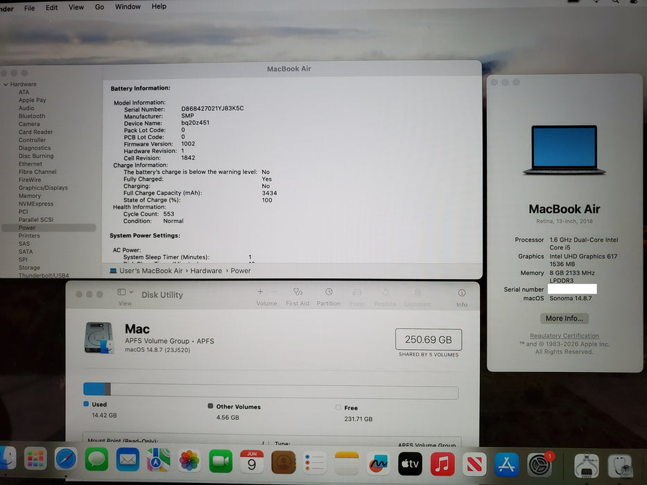 Apple Macbook Air 2018 A1932 Intel i5-8210Y 8GB Ram 256GB SSD