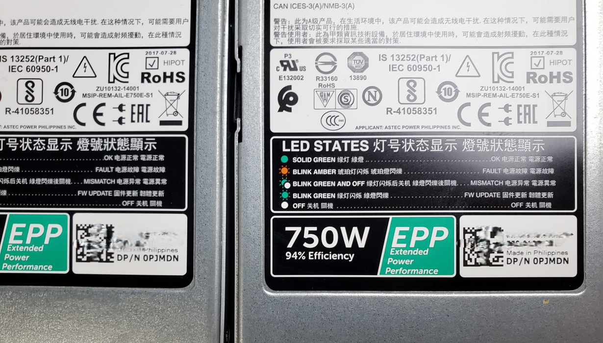 Lot 2x Dell E750E-S1 750W Dell Server PSU - DP/N: 0PJMDN