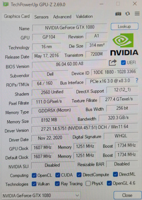 Dell Nvidia GeForce GTX 1080 8GB GDDR5X PCIe Graphics Card 0H7FC2
