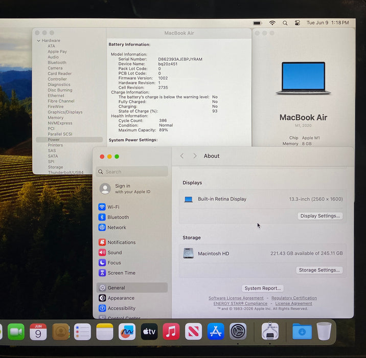 Apple MacBook Air 13" M1 2020 8GB RAM 256GB SSD No Power Adapter