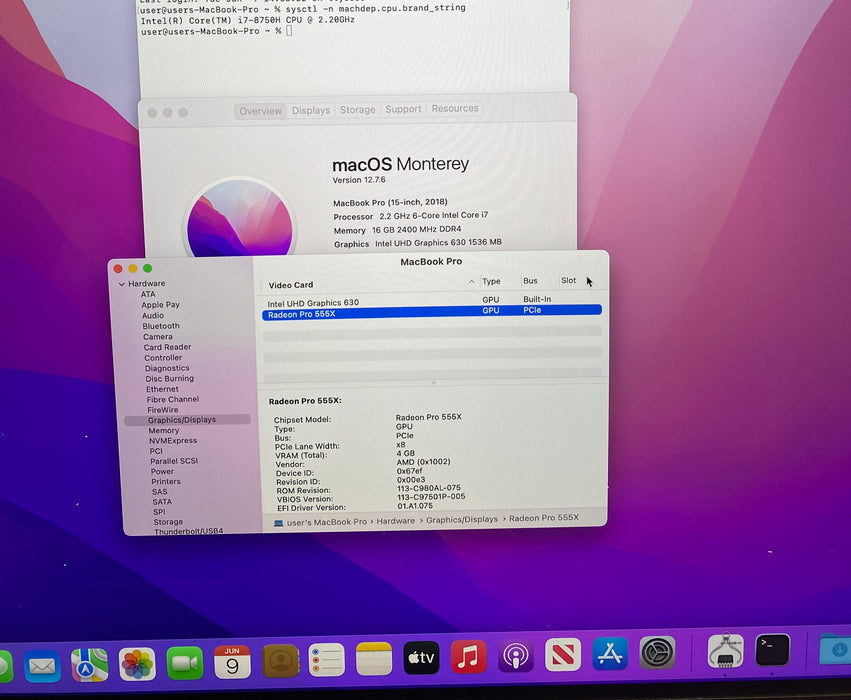 Apple MacBook Pro 15" 2018 i7-8750H Radeon Pro 555X GPU 16GB RAM 256GB SSD READ