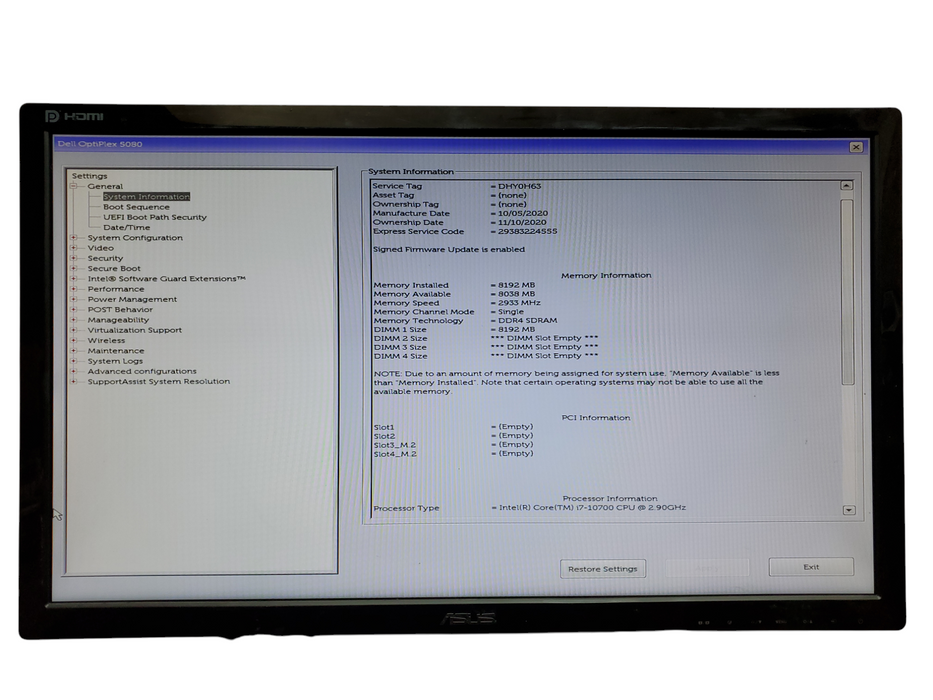Dell OptiPlex 5080 SFF, i7-10700, 8GB DDR4, No HDD/OS