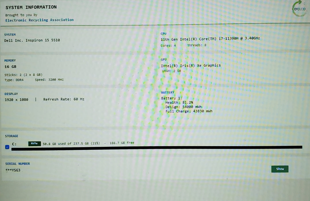 Dell Inspiron 15 5510 i7-11390H 16GB RAM 256GB NVMe SSD