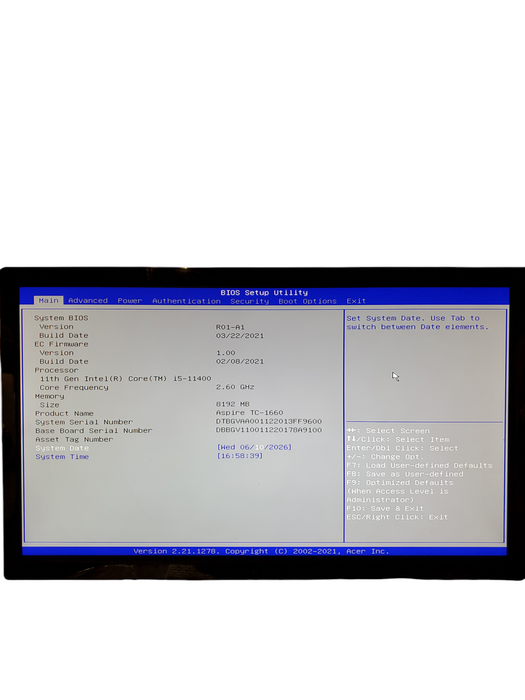 ACER Aspire TC-1660 Desktop Core i5-11400 2.60GHz 8GB RAM  NO-HDD/SSD