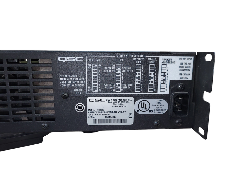 QSC CX302V 2 Channel 70V Professional Power Amplifier 300WPC