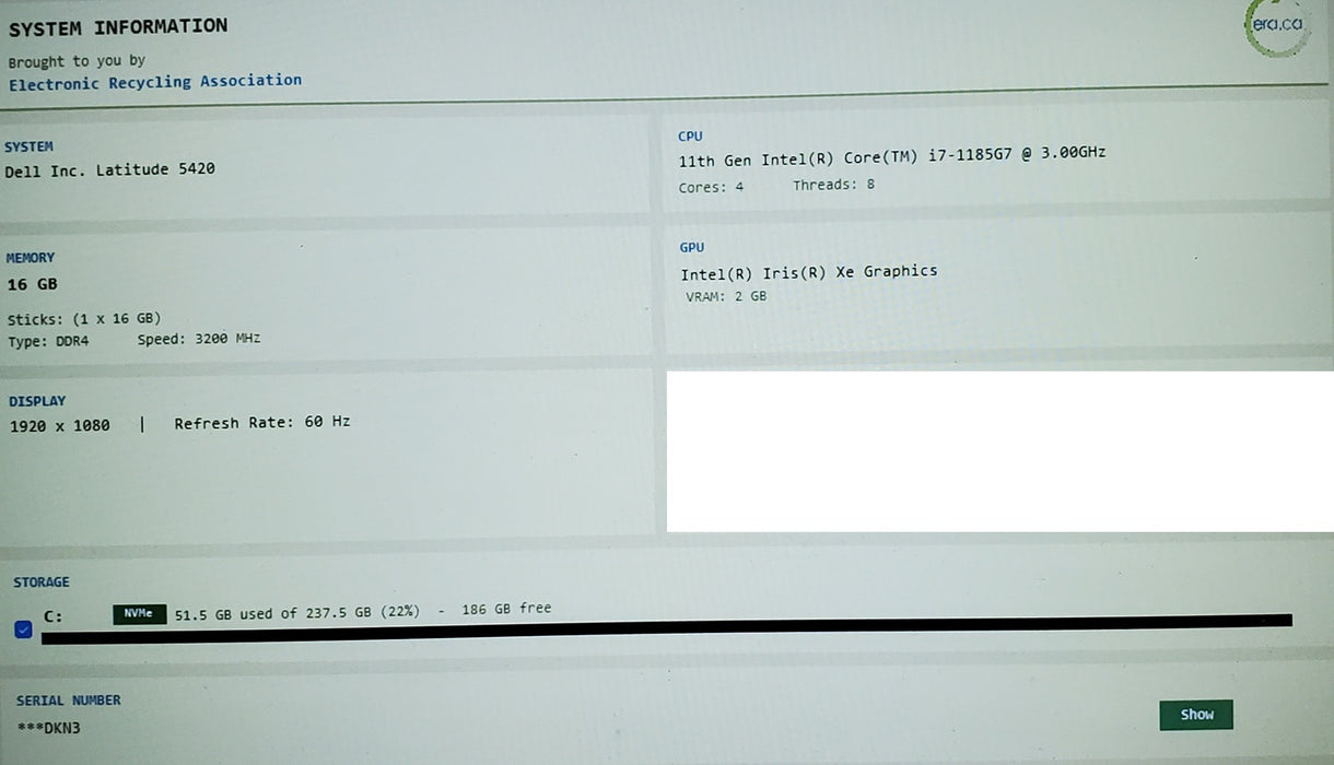 Dell Latitude 5420 i7-1185G7 16GB DDR4 256GB NVMe READ