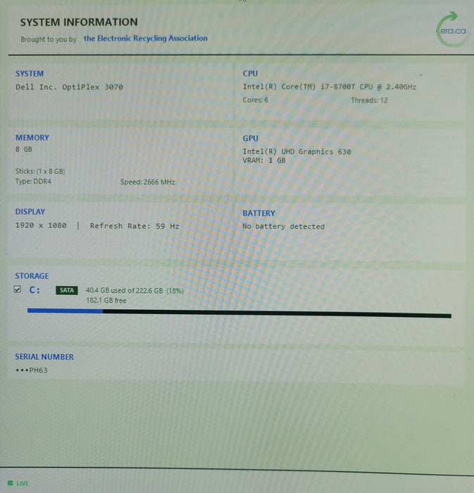 Dell OptiPlex 3070 Micro PC, Core i7-8700T 2.4GHz, 8GB DDR4, 240GB SSD