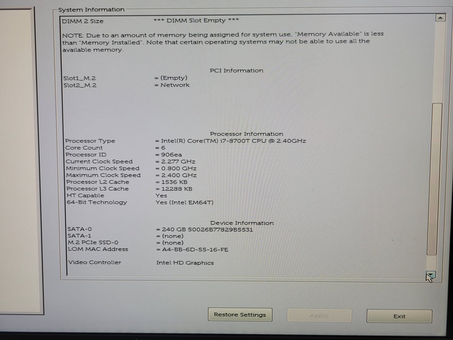 Dell OptiPlex 3070 Micro PC, Core i7-8700T 2.4GHz, 8GB DDR4, 240GB SSD