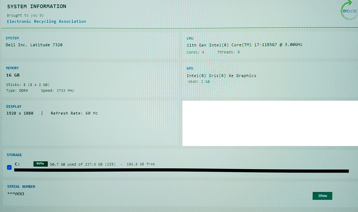 Dell Latitude 7320 Core i7-1185G7 3.0G0Hz 16GB RAM 256GB SSD