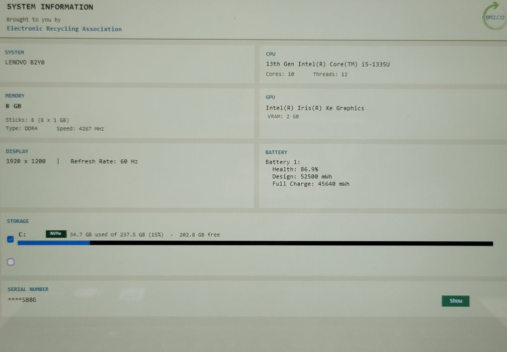 Lenovo IdeaPad Flex 5 14IRU8 i5-1335U 8GB DDR4 256GB NVMe READ NO ADAPTER