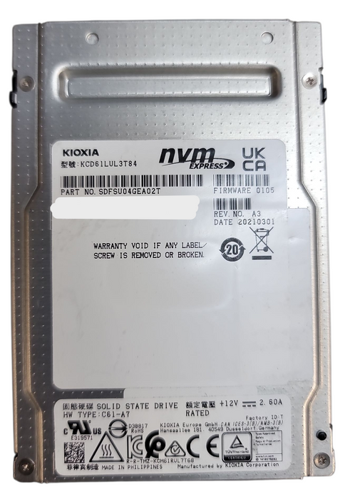 3.84TB U.2 2.5" 15mm GEN4 PCIE4.0 NVME Kioxia CD6 SSD  - KCD61LUL3T84