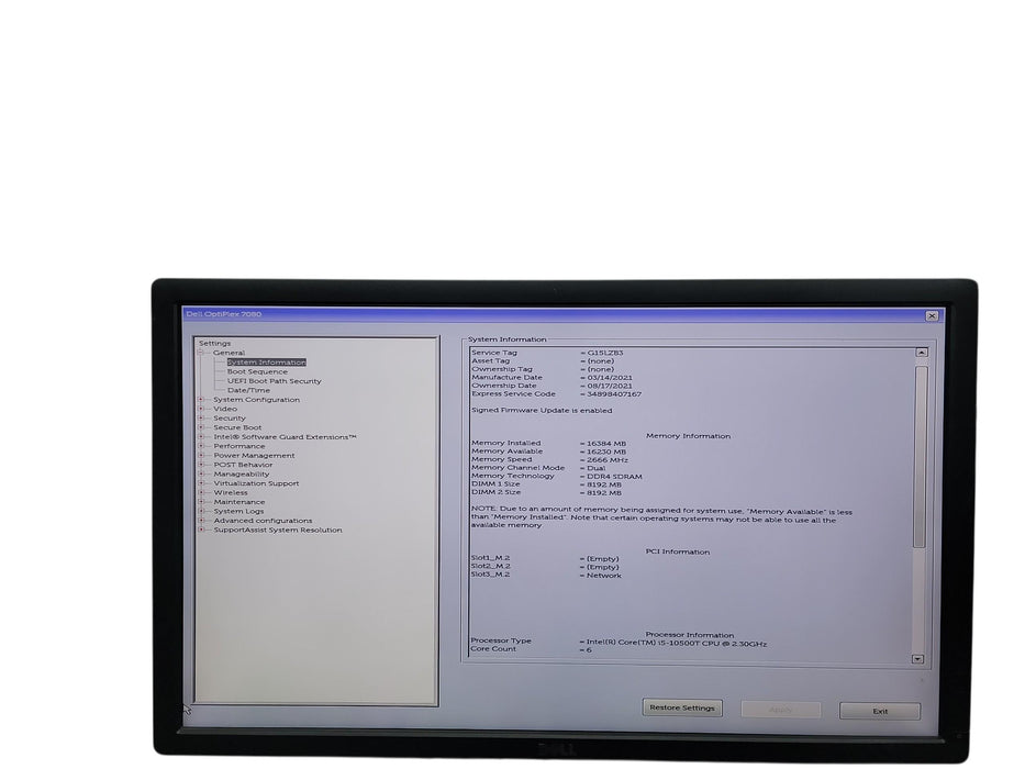Dell Optiplex 7080  Micro i5 - 10500T @ 2.30GHz 8GB DDR4 Ram No HDD