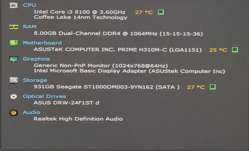 Custom PC/ASUS PRIME H310M-C, i3-8100 3.60GHz, 8GB DDR4, 1TB HDD