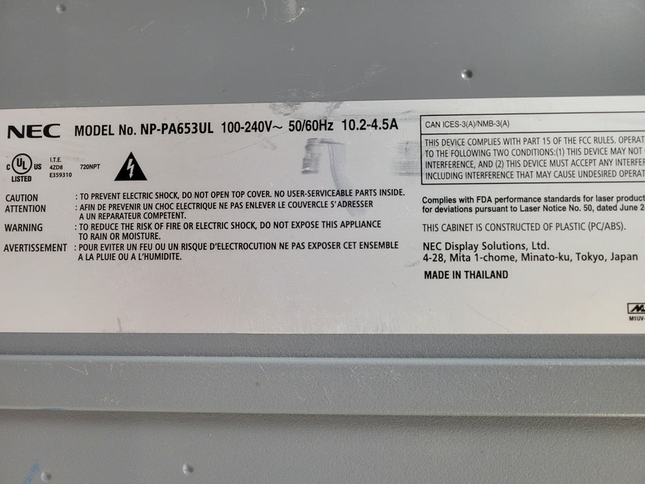 NEC NP-PA653UL 6500-Lumen Laser Projector 1261 Light hours, tested to power on