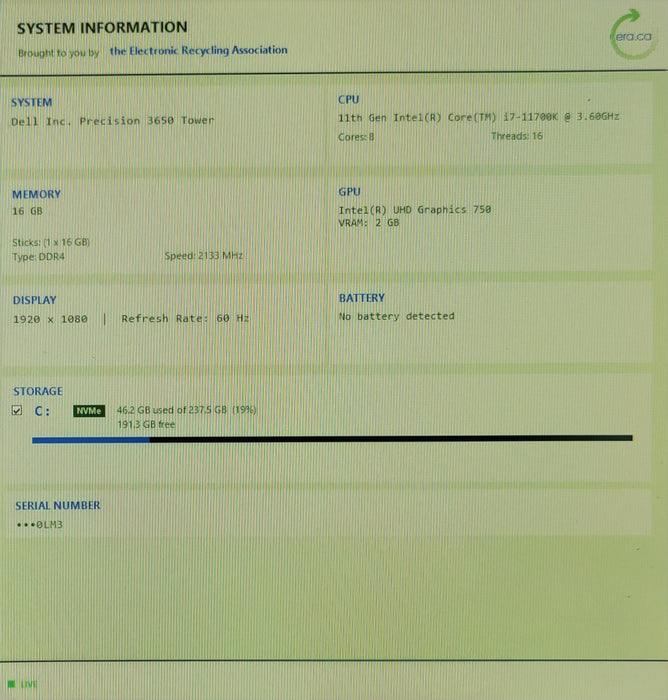 Dell Precision 3650 tower, Core i7-11700K 3.60Ghz, 16GB DDR4 256GB NVME, READ