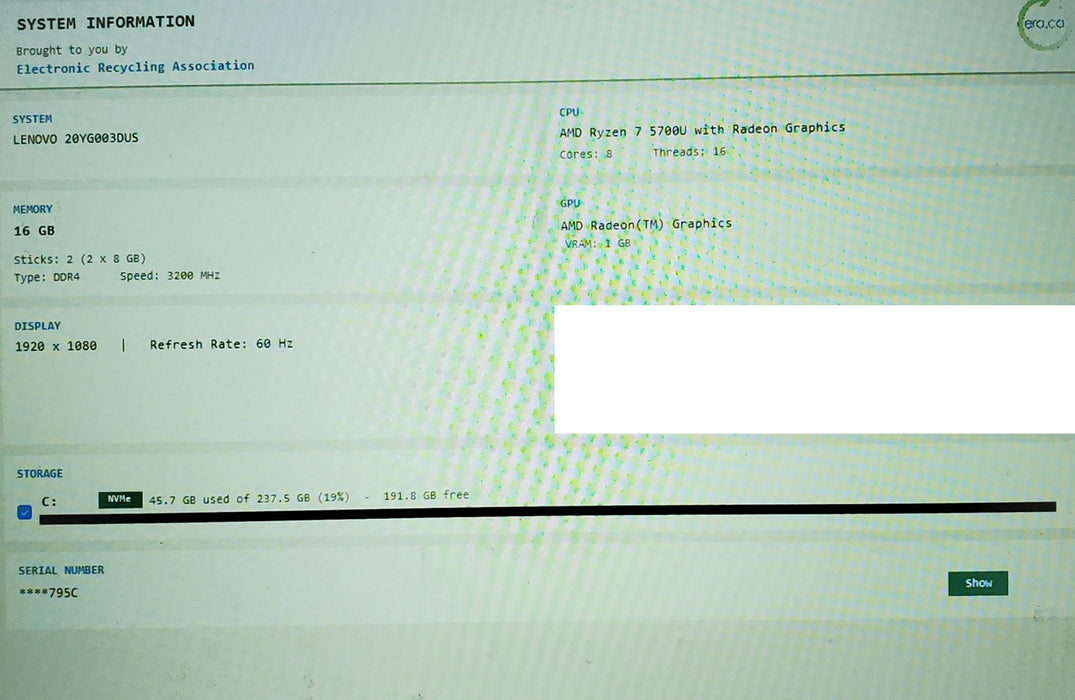 Lenovo ThinkPad E15 Gen 3 AMD RYZEN 7 5700U 16GB RAM 256GB SSD READ