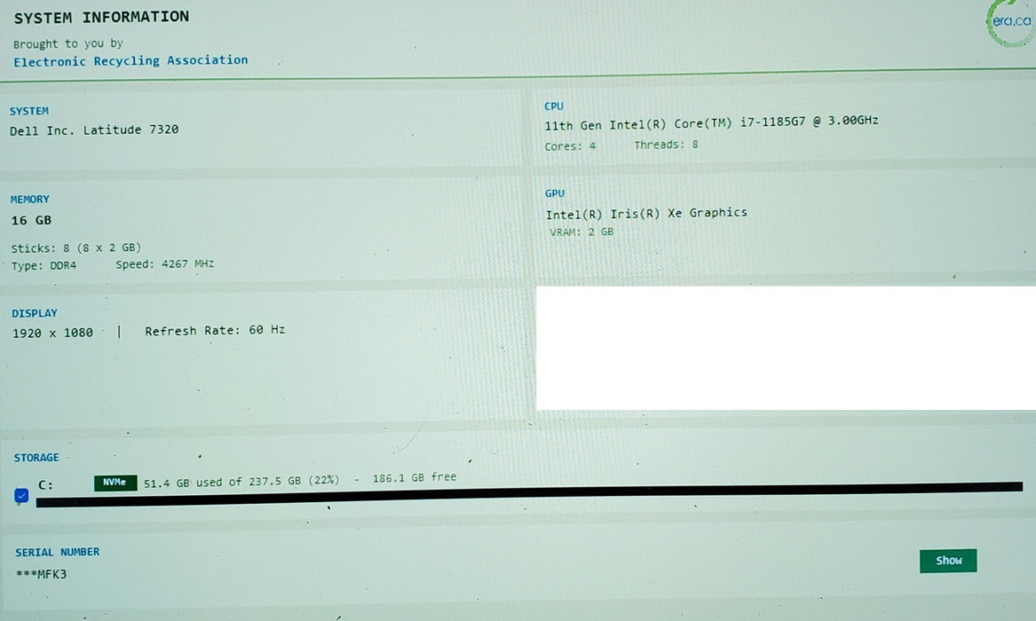 Dell Latitude 7320 Core i7-1185G7 3.0G0Hz 16GB RAM 256GB SSD