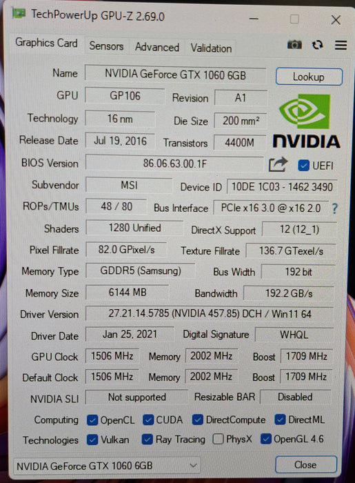 Lenovo 01AJ844 NVIDIA GeForce GTX 1060 6G GDDR5X PCIe Graphic Card