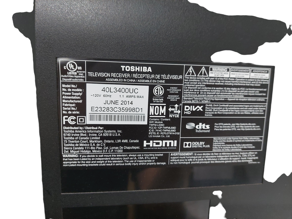 Toshiba 40" Television Model: 40L3400UC  2014 model