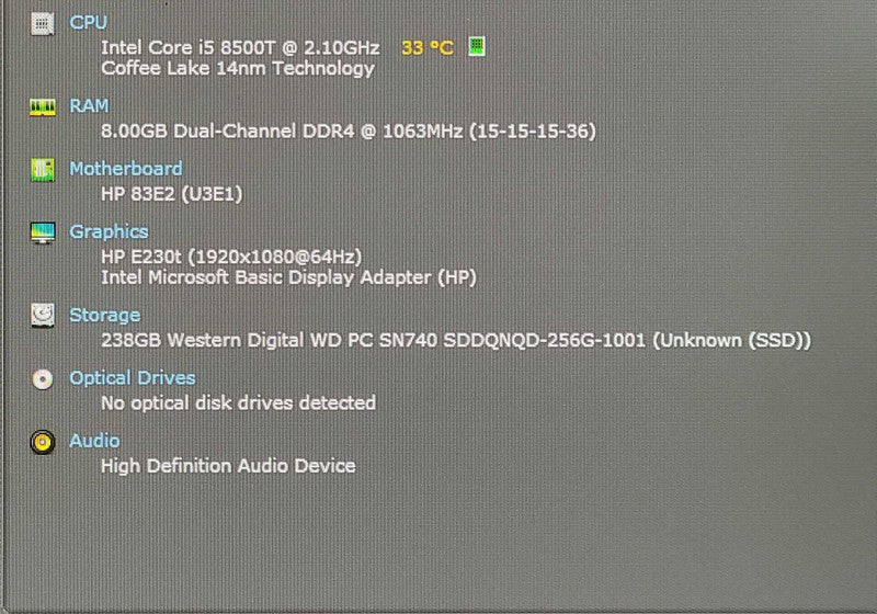 HP EliteDesk 800 G4 DM, i5-8500T 2.10GHz, 8GB RAM, 256GB Nvme, w/ PWR