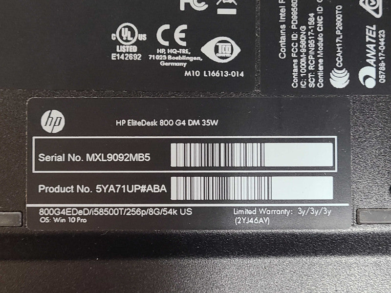 HP EliteDesk 800 G4 DM, i5-8500T 2.10GHz, 8GB RAM, 256GB Nvme, w/ PWR