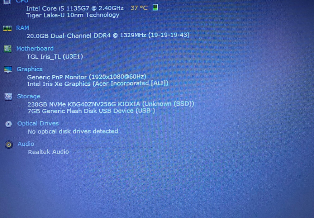 Acer Aspire A515-56 Intel Core  i5-1135G7 2.40GHz 20GB RAM 256GB SSD READ