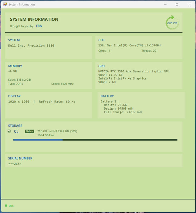 Dell Precision 5680  i7-13700H, 16GB DDR5, 256GB NVMe, RTX 3500, No AC Adapter