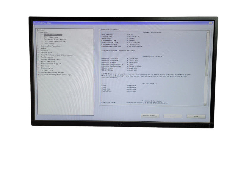 Dell OptiPlex 3070 SFF i5 - 9500 CPU @ 3.00GHz 16GB DDR4 Ram QÎ¸