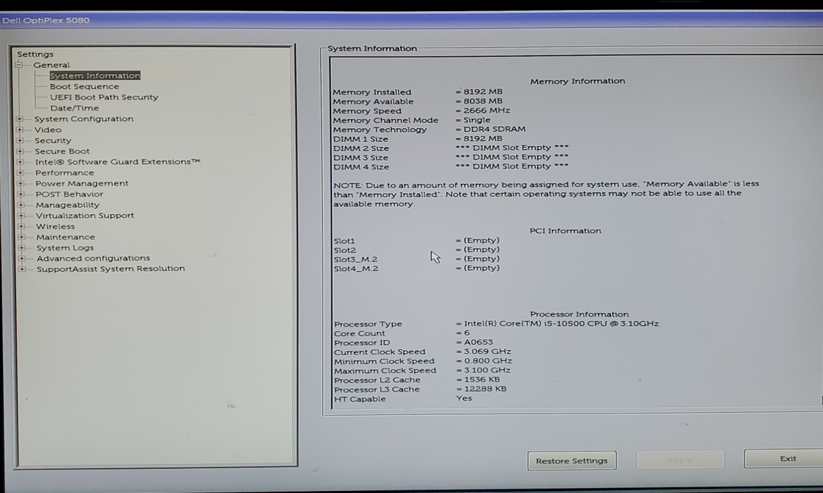Dell Optiplex 5080 SFF  DESKTOP i5-10500 3.1Ghz 8GB RAM NO-HDD/SSD