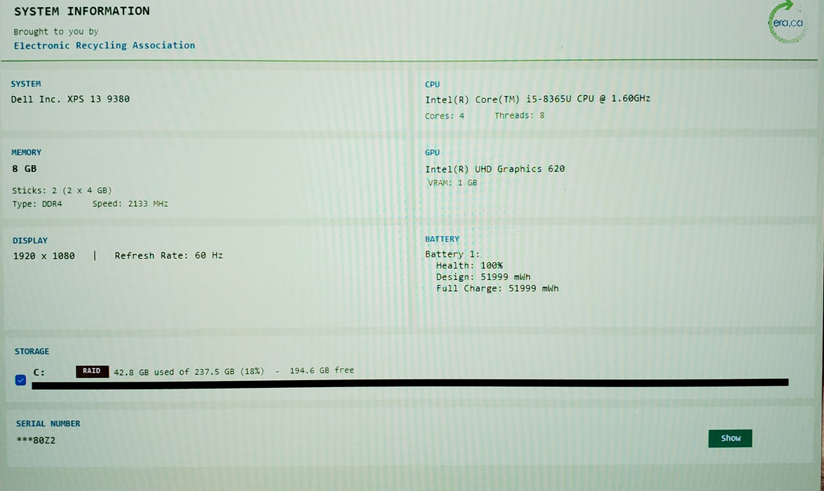 Dell XPS 13 9380 i5-8365U 1.60GHz 8GB 256GB SSD