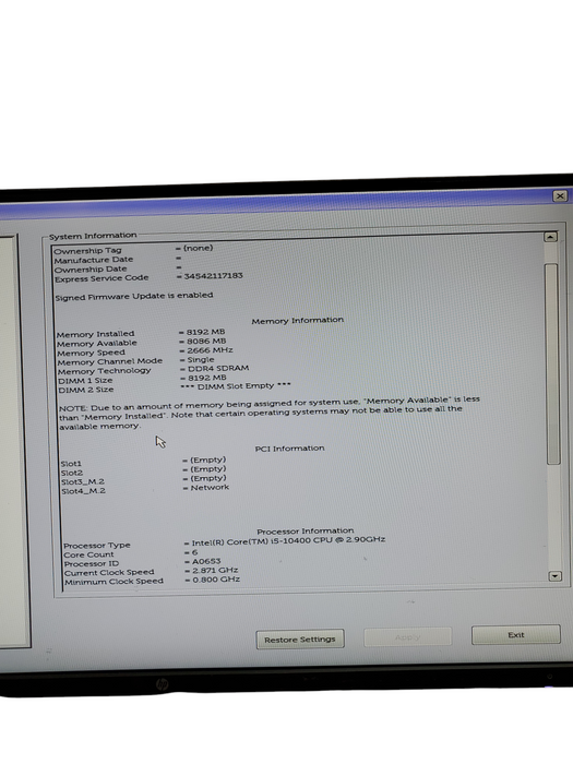 Dell Vostro SFF 3681 Intel i5-10400 2.9GHz, 8GB DDR4 RAM, NO SSD/OS