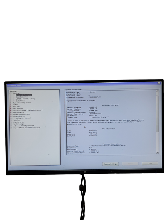 Dell Vostro SFF 3681 Intel i5-10400 2.9GHz, 8GB DDR4 RAM, NO SSD/OS