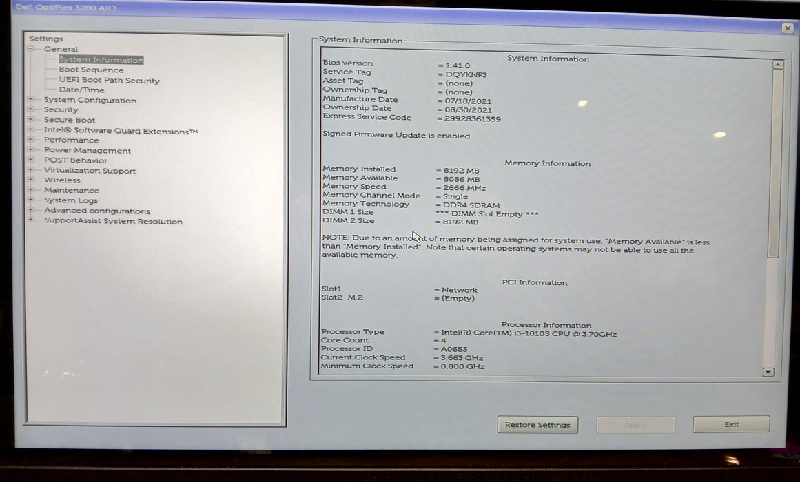 Dell OptiPlex 3280 AIO w/ Intel i3-10505 8GB RAM No HDD/SSD/NVME/Stand *READ*