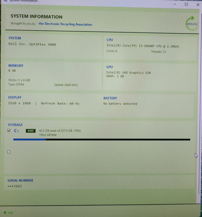 Dell OptiPlex 3080 | i5-10500T @2.30GHz 8GB DDR4 256GB SSD