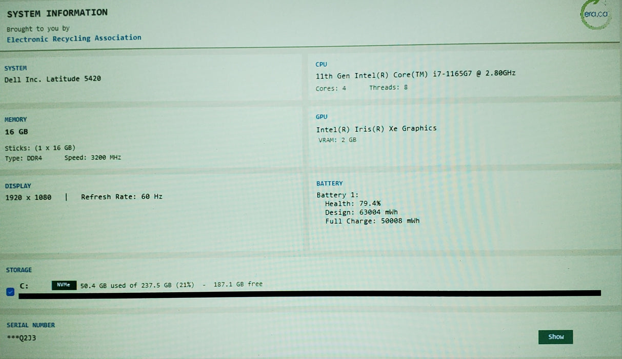 Dell Latitude 5420 Intel Core i7-1165G7@2.8GHz 16GB RAM 256GB SSD
