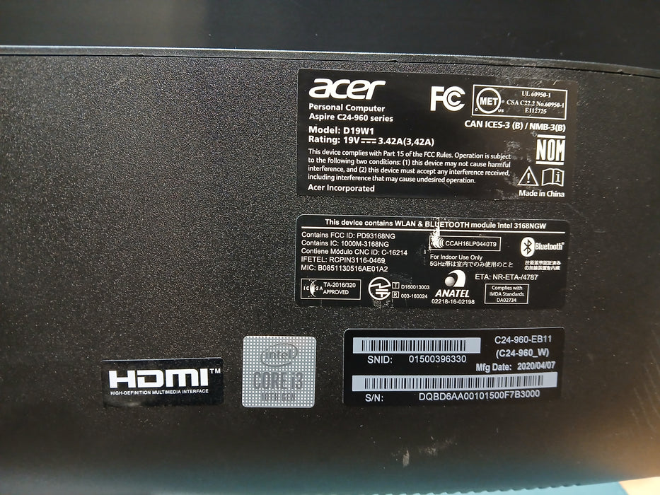 Acer C24-960 AIO w/ Intel i3-10110 8GB RAM NO HDD/SSD/NVME