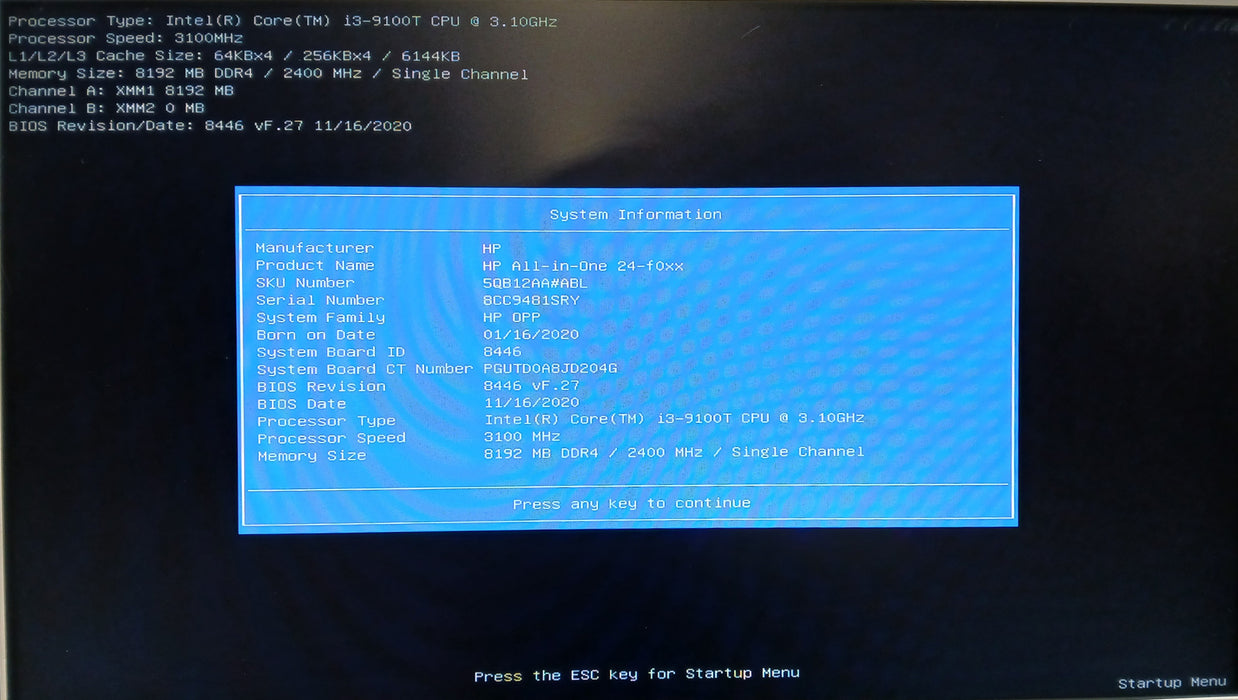 HP 24-f0079c AIO w/ Intel i3-9100T 8GB RAM No HDD/SSD/NVME *READ*