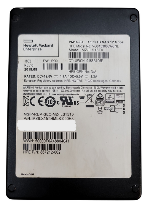 15.36TB SAS 2.5" 15mm 12Gbps RI HPE / Samsung  SSD - PM1633a Series MZ-ILS15T0