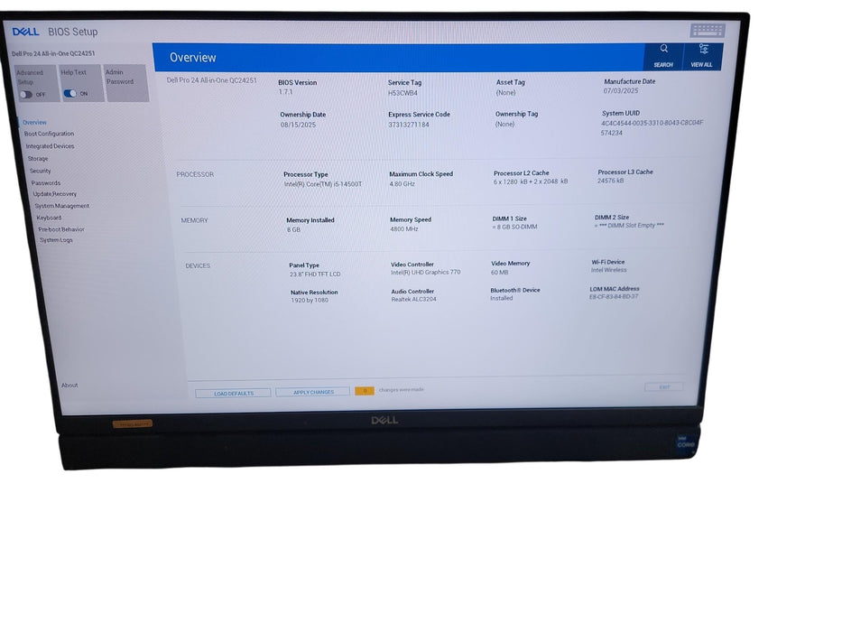 Dell Pro 24 ALL-in-One QC24251 I5 - 14500T 8GB DDR5 Ram No HDD