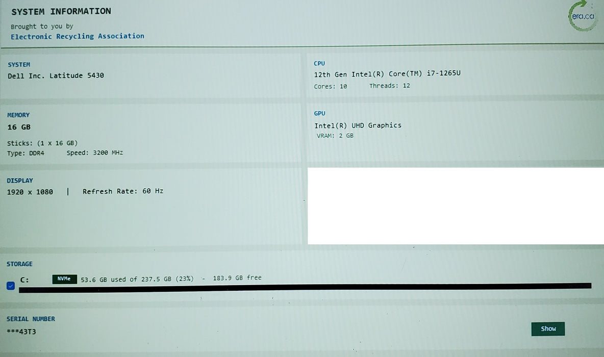 Dell Latitude 5430 Core i7-1265U 16GB RAM 256GB SSD READ