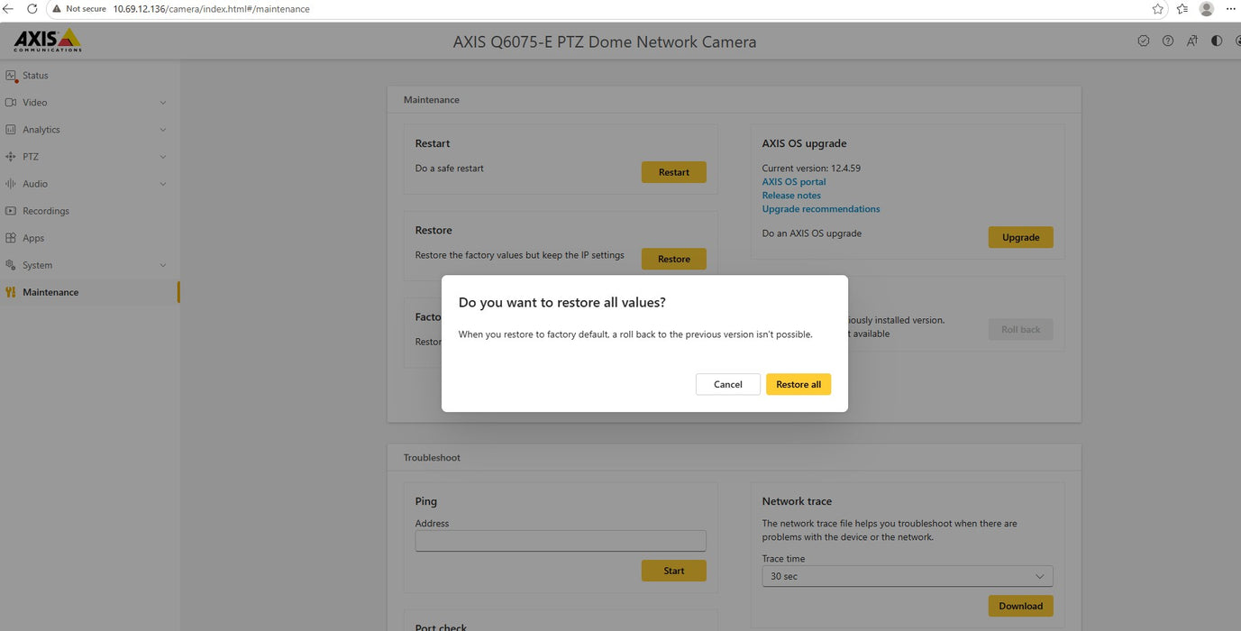 Axis Q6075-E PTZ Outdoor Network Dome Camera, No SD Card, Factory Reset